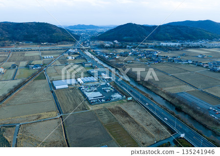 Akaiwa city and mountain scenery at dusk, Okayama Prefecture, end of the year 135241946