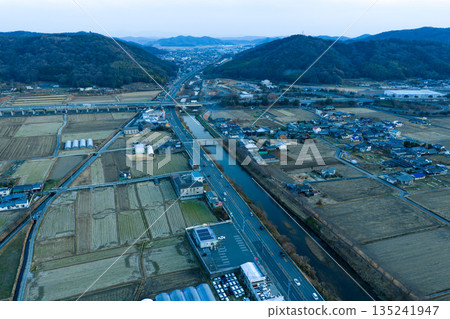 Akaiwa city and mountain scenery at dusk, Okayama Prefecture, end of the year 135241947