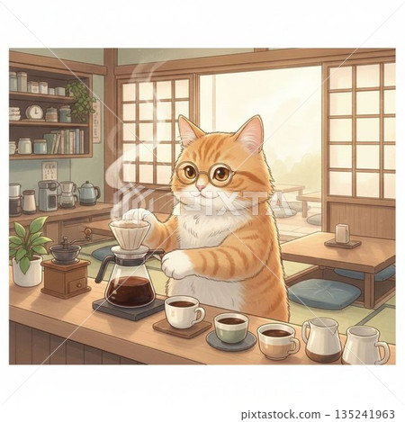 一隻貓在日式咖啡館裡煮咖啡 135241963
