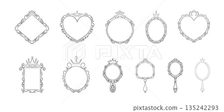 Princess frame mirror set line fairy. Whimsical cute doodle mirrors with crown for baby princess. Collection elegant pastel decor. 135242293