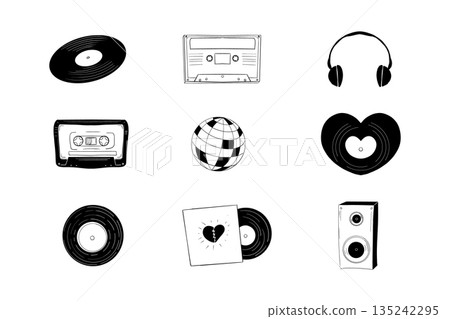 Music retro doodle icon set punk rock grunge design elements. Vintage sound vinyl, player, cassette tape, instruments, disco and rock. 135242295