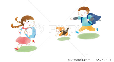 插圖描繪了孩子們背著書包和一隻比格犬幼崽奔跑的場景。 插圖描繪了孩子們背著書包和一隻比格犬幼崽奔跑的場景。 135242425