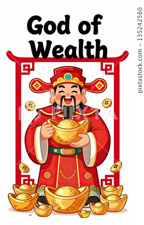 Cute 3D Cartoon Chinese God of Wealth Caishen Holding Gold Ingots for Lunar New Year Celebration. Cute 3D Cartoon Chinese God of Wealth Caishen Holding Gold Ingots for Lunar New Year Celebration. 135242560