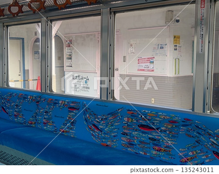 Fish-patterned train stopping at Kintaro platform 135243011