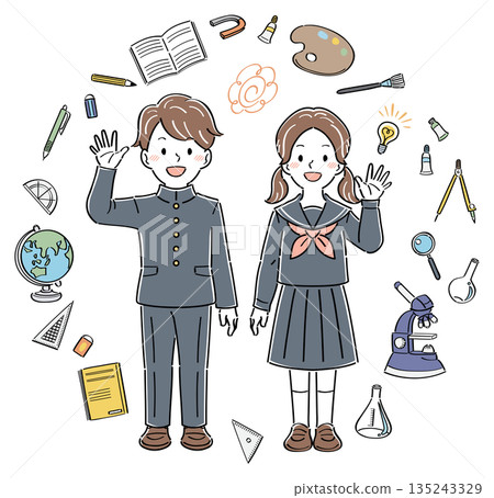 揮手的中小學生和文具插圖 135243329