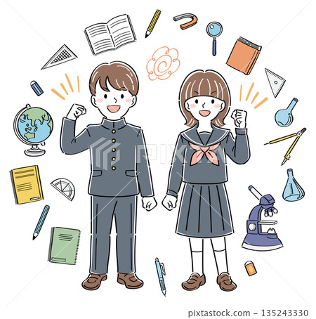插圖描繪了國高中男女學生擺出握拳慶祝、手持文具的姿勢。 插圖描繪了國高中男女學生擺出握拳慶祝、手持文具的姿勢。 135243330