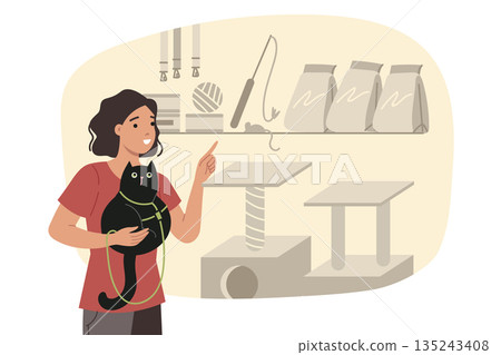 Pet shop is visited by woman holding cat in arms and choosing toy or healthy food 135243408