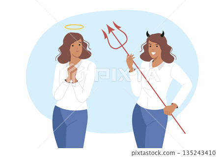 Struggle good and evil in soul of business woman who chooses style of management and development 135243410