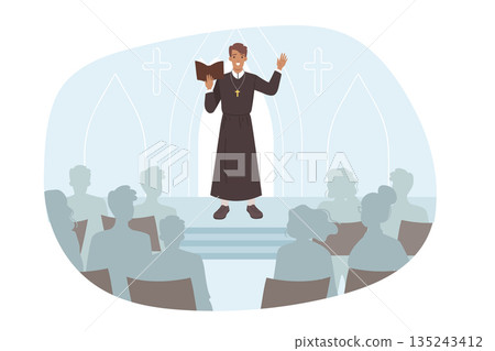 Catholic priest reads sermon in church, standing on stage in front of parishioners Catholic priest reads sermon in church, standing on stage in front of parishioners 135243412