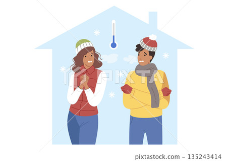 Freezing couple shivers and feels chills, standing in house that frozen due to breakdown of boiler Freezing couple shivers and feels chills, standing in house that frozen due to breakdown of boiler 135243414
