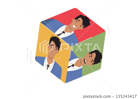 Emotional man on different dice dice, for concept chaotic emotions and bipolar disorder in behavior Emotional man on different dice dice, for concept chaotic emotions and bipolar disorder in behavior 135243417