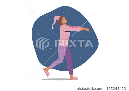 Woman suffering from sleepwalking walks with arms extended forward, being in unconscious state Woman suffering from sleepwalking walks with arms extended forward, being in unconscious state 135243423