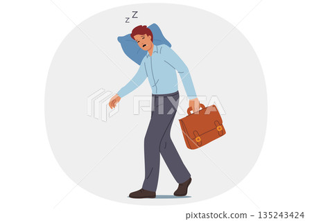 Tired business man sleeps on move, putting head on pillow and closing eyes due to extreme exhaustion 135243424