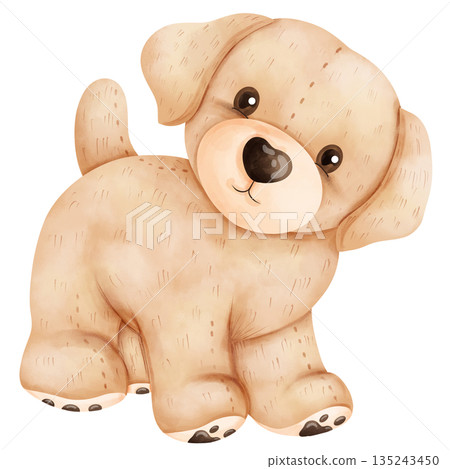 Cute Baby Golden Retriever Puppy Watercolor Illustration 135243450