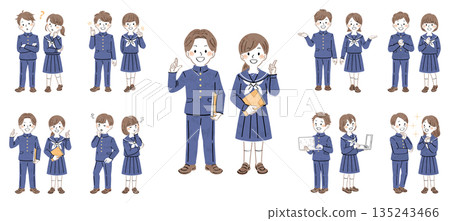 Full-body illustration set of male and female students in uniforms, various poses and expressions (explanation, guidance, question) 135243466