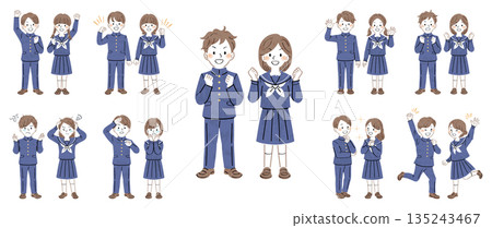 一套男女學生全身插畫，身著制服，姿勢和表情各異（握拳、思考、擔憂）。 135243467