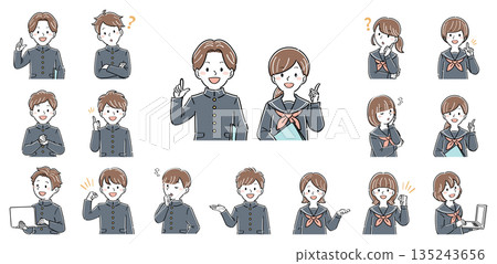 Upper body illustration set of male and female students in uniforms, various poses and expressions (explanation, guidance, question) 135243656