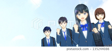 An expansive blue sky, anime-style illustration of high school or junior high school boys and girls, blank space on the left An expansive blue sky, anime-style illustration of high school or junior high school boys and girls, blank space on the left 135244086