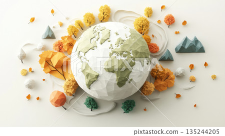Low-poly Earth surrounded by floating eco-icons in a pastel landscape, background 135244205