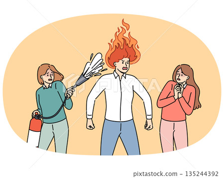 Aggressive man with flame on head stands near frightened colleagues with fire extinguisher Aggressive man with flame on head stands near frightened colleagues with fire extinguisher 135244392