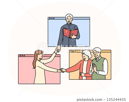 Priest leads online christian mass holding hands with parishioners located in internet windows Priest leads online christian mass holding hands with parishioners located in internet windows 135244435
