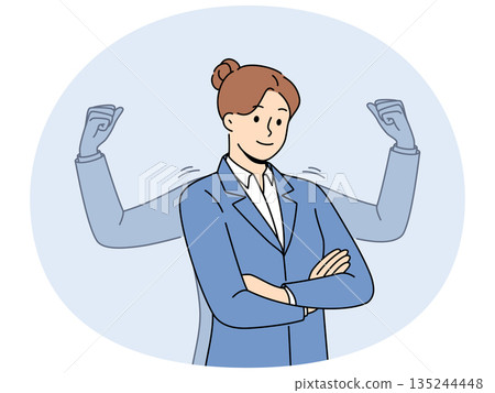 Strong business woman stands with arms crossed near imaginary biceps, symbolizing self-confidence 135244448