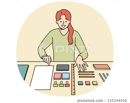 Perfectionist woman with OCD syndrome puts things in order on desktop and workplace Perfectionist woman with OCD syndrome puts things in order on desktop and workplace 135244450