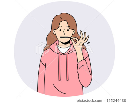 Woman closes mouth, refusing to talk due to self-censorship and lack of desire to engage in dialogue 135244488