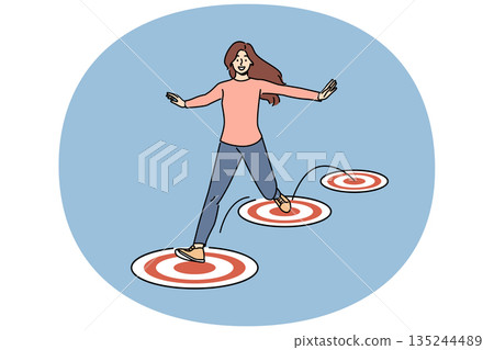 Purposeful woman jumps on targets and spreads arms to sides, enjoying ease completing career tasks 135244489
