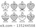 Black line heart shaped candle set, monochrome outline vector signs. Romantic cliparts for Valentine's Day, linear pictograms with whimsical abstract geometric patterns, dots, psychedelic swirls, etc. 135244508