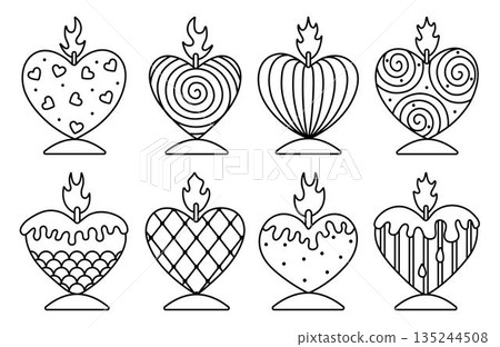 Black line heart shaped candle set, monochrome outline vector signs. Romantic cliparts for Valentine's Day, linear pictograms with whimsical abstract geometric patterns, dots, psychedelic swirls, etc. 135244508