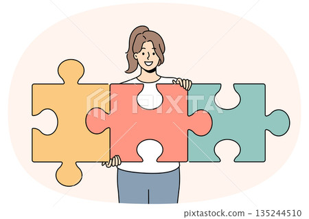 Successful woman unraveling puzzle and solving complex task while developing own startup Successful woman unraveling puzzle and solving complex task while developing own startup 135244510