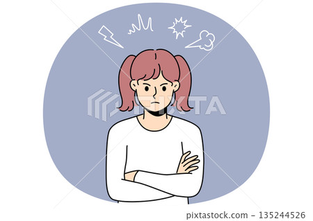 Angry little girl stands with arms crossed and looks at screen with hatred, showing disobedience Angry little girl stands with arms crossed and looks at screen with hatred, showing disobedience 135244526