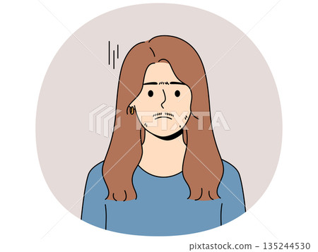 Woman suffering from hirsutism, which causes growth mustache and thick eyebrows on face 135244530