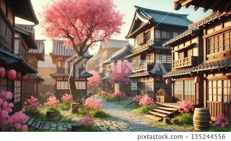 3D render of an old Japanese town with cherry blossom trees 135244556