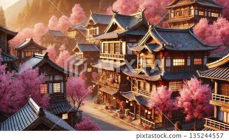 一幅美麗的3D渲染圖，展現了日本一座古老小鎮，櫻花盛開的景象。 135244557