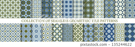 Collection of colorful seamless geometric tile mosaic patterns. Decorative elegant ornamental backgrounds. Vector repeatable symmetric prints 135244622
