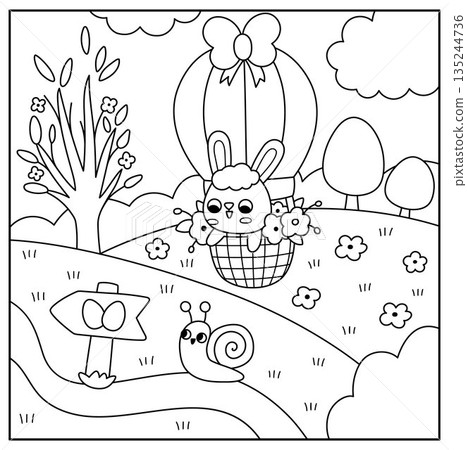 Vector Easter village square line landscape. Rural nature scene with bunny flying on hot air balloon. Spring holiday black and white background, coloring page for kids with egg hunt sign Vector Easter village square line landscape. Rural nature scene with bunny flying on hot air balloon. Spring holiday black and white background, coloring page for kids with egg hunt sign 135244736