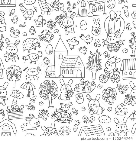 Vector Easter line seamless pattern. Farm black and white repeat background with bunny, chicks, church, eggs, basket, flowers, house, nature element. Spring holiday coloring page Vector Easter line seamless pattern. Farm black and white repeat background with bunny, chicks, church, eggs, basket, flowers, house, nature element. Spring holiday coloring page 135244744