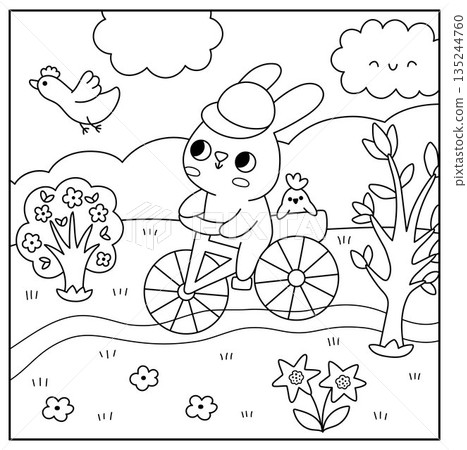 Vector Easter village square line landscape. Rural scene with bunny riding a bike through meadow on a country road. Spring holiday black and white background, coloring page for kids Vector Easter village square line landscape. Rural scene with bunny riding a bike through meadow on a country road. Spring holiday black and white background, coloring page for kids 135244760