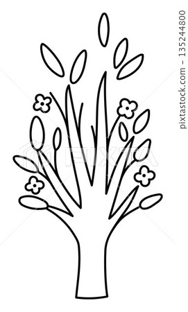 Vector blossoming tree line icon isolated on white background. Garden or forest plant with flowers and leaves. Black and white spring, Easter village or farm illustration. Natural greenery coloring Vector blossoming tree line icon isolated on white background. Garden or forest plant with flowers and leaves. Black and white spring, Easter village or farm illustration. Natural greenery coloring 135244800