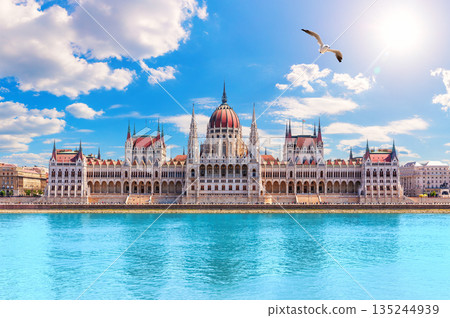 Budapest Parliament main view from the Danube River, iconic Landmark of Hungary Budapest Parliament main view from the Danube River, iconic Landmark of Hungary 135244939