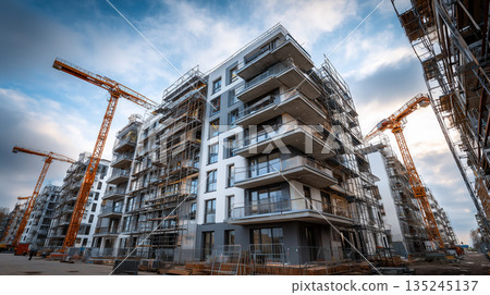 Modern residential apartment complex under construction with cranes and scaffolding on urban development site 135245137