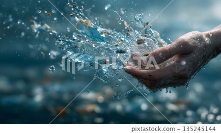 Human hand breaking through splashing water with debris illustrating power resilience and dynamic energy in nature 135245144