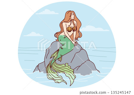 Mermaid sits on sea rock to illustrate fairy tales about ocean dwellers and magical creatures 135245147