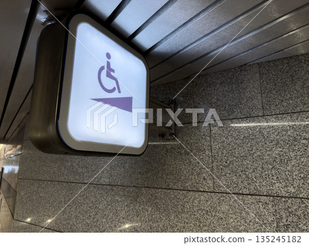 Wall mounted sign indicating wheelchair ramp in hallway. Wheelchair accessible area with special ramp for people with limited mobility. Accessible area, assistance to people with disabilities Wall mounted sign indicating wheelchair ramp in hallway. Wheelchair accessible area with special ramp for people with limited mobility. Accessible area, assistance to people with disabilities 135245182