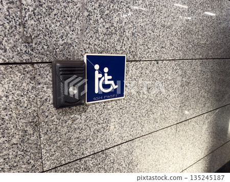 Call for help button next to disabled sign and braille text for visually impaired. Comprehensive solution for people with disabilities. Creating accessible locations for wheelchair users Call for help button next to disabled sign and braille text for visually impaired. Comprehensive solution for people with disabilities. Creating accessible locations for wheelchair users 135245187