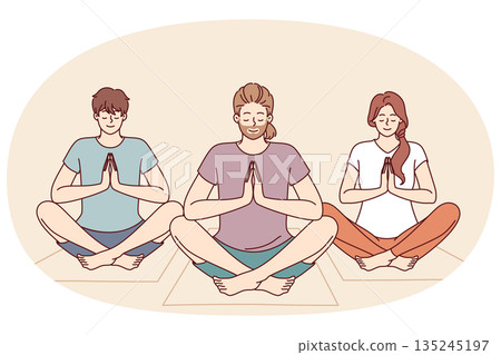 People do meditation and yoga sitting on fitness mats and taking lotus position to do zen practice 135245197