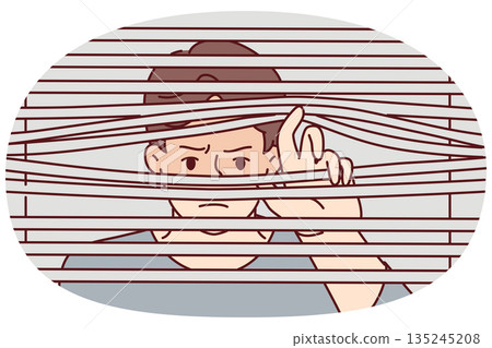 Man peeks through closed blinds to follow neighbor or find out secret information Man peeks through closed blinds to follow neighbor or find out secret information 135245208