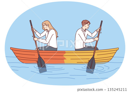 Disagreement in team company sitting in boat and mushrooming with oars in different directions 135245211